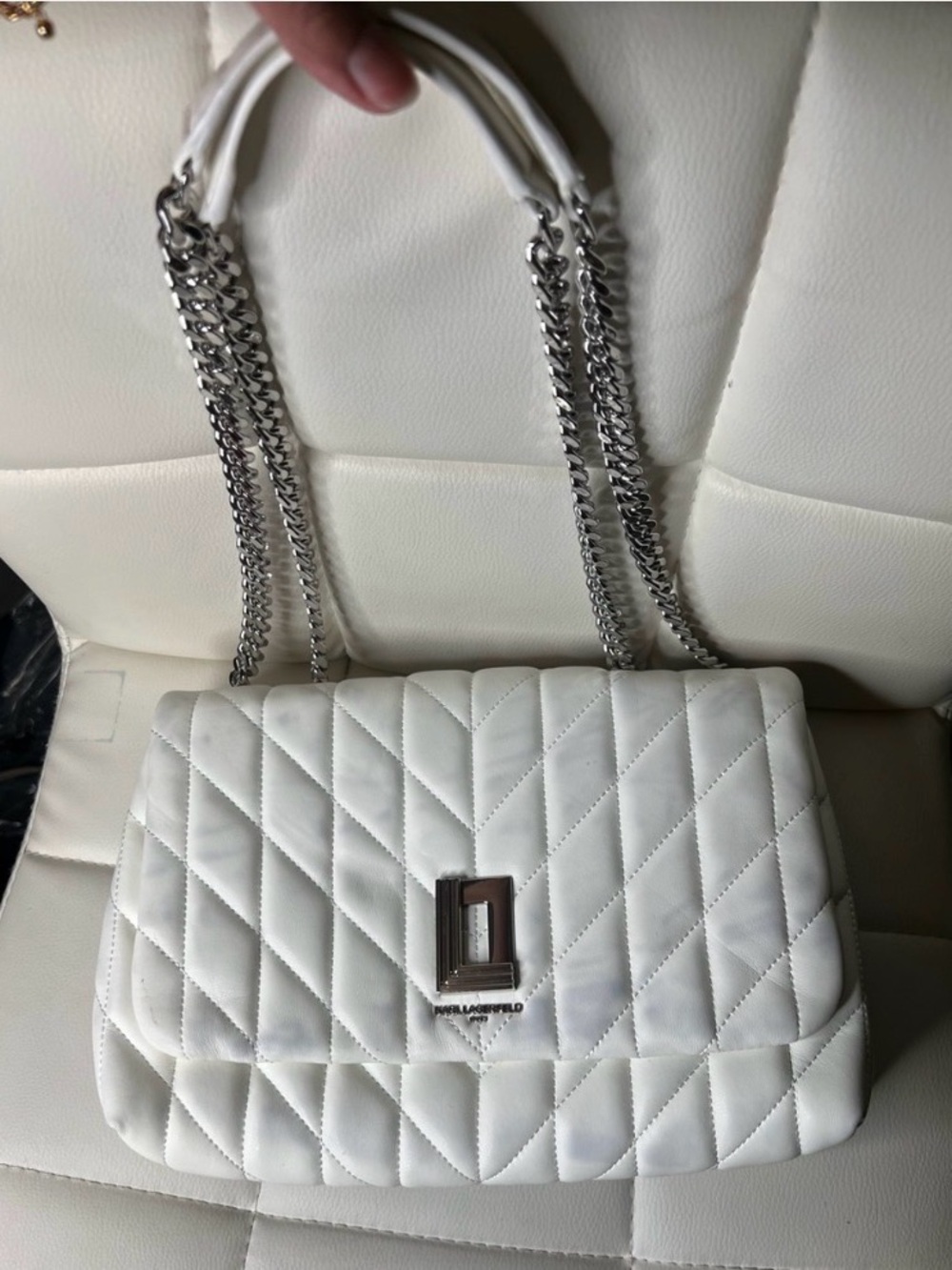 Karl Lagerfeld White Quilted Shoulder Bag with Silver Chain